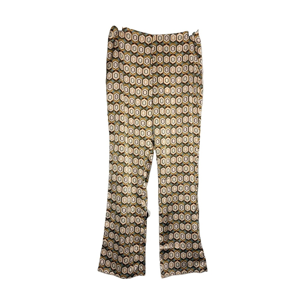 NWT Cider Satin Geometric Pants Size S Blue Beige Wide Leg High Waist Retro 70s